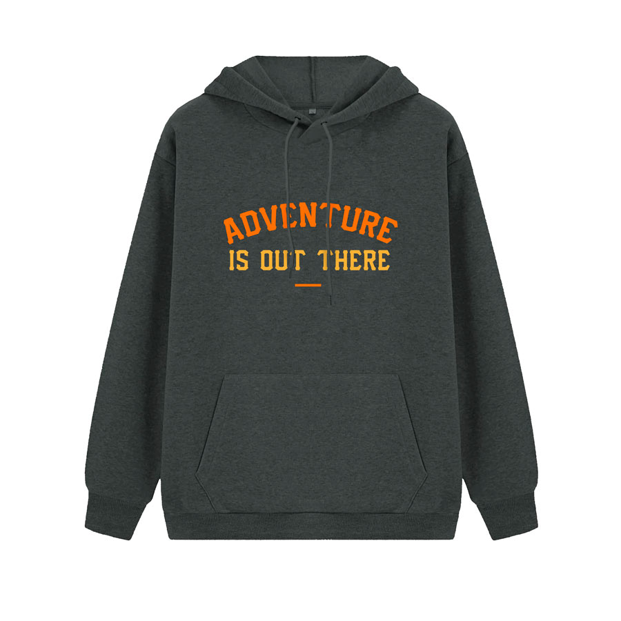 Hoodie Gris Oscuro con Naranja y Amarillo Adventure is out there